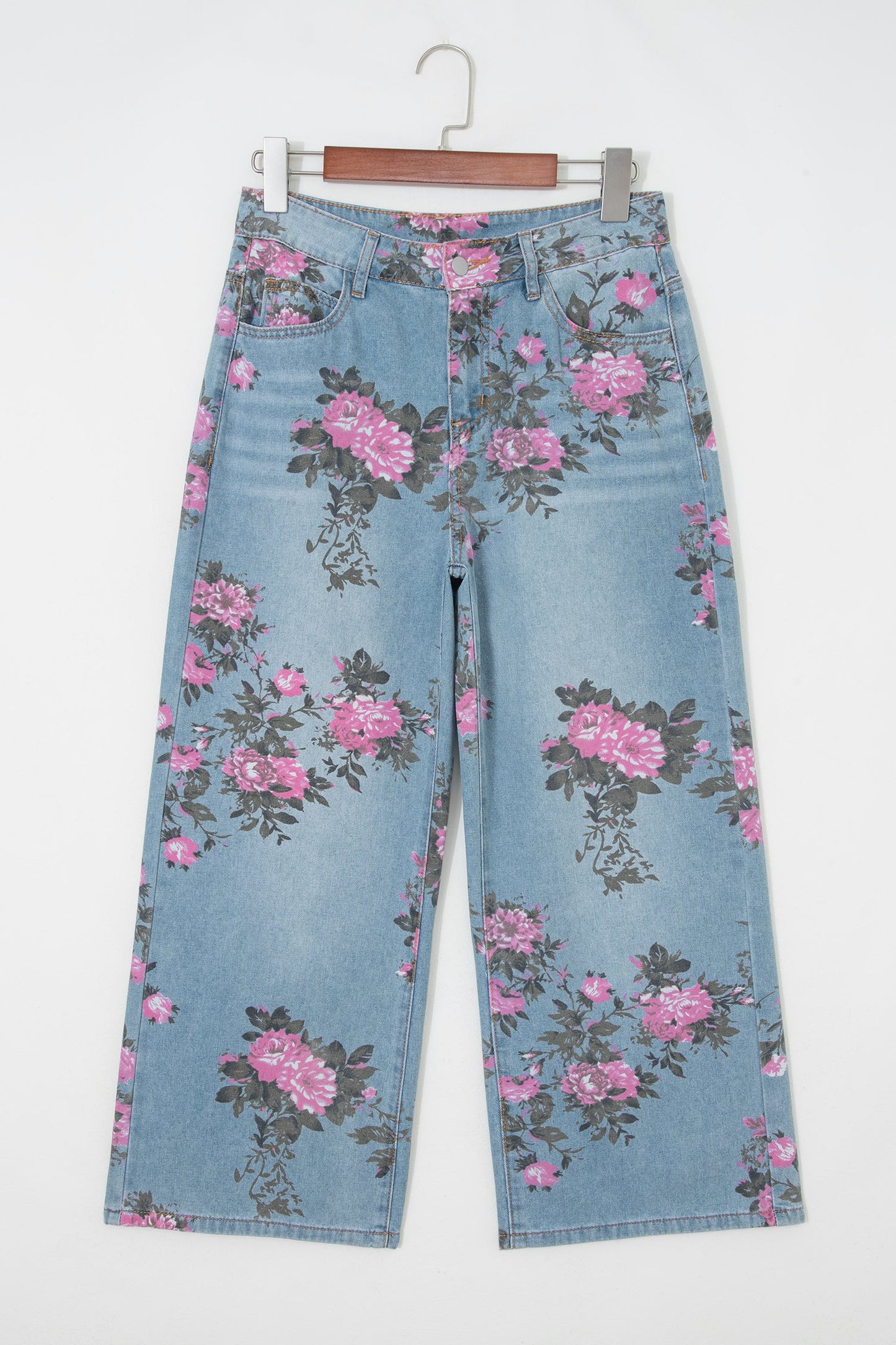 Floral Print Wide-Leg Low-Rise Jeans | Sky Blue