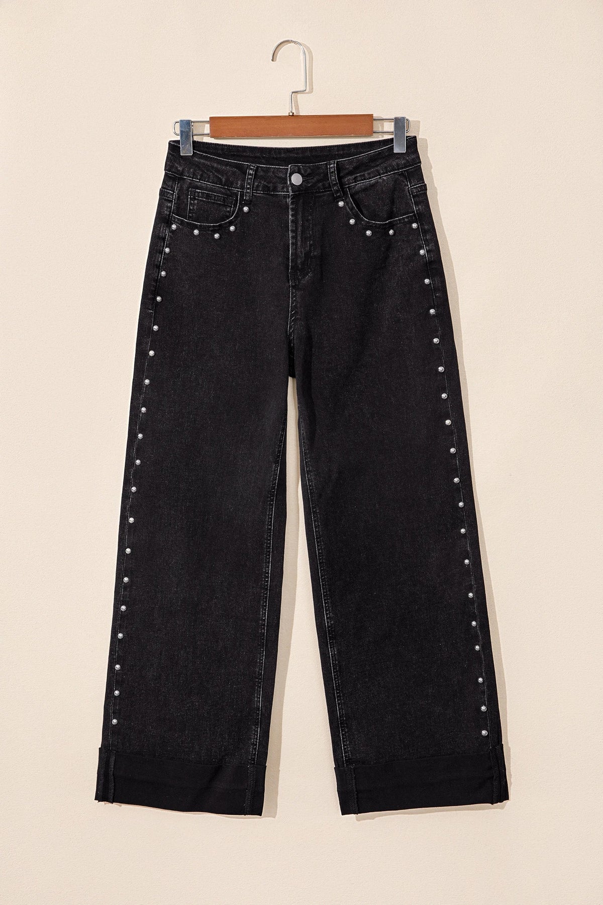 Solid Denim Studded Side Seam Straight Leg Jeans