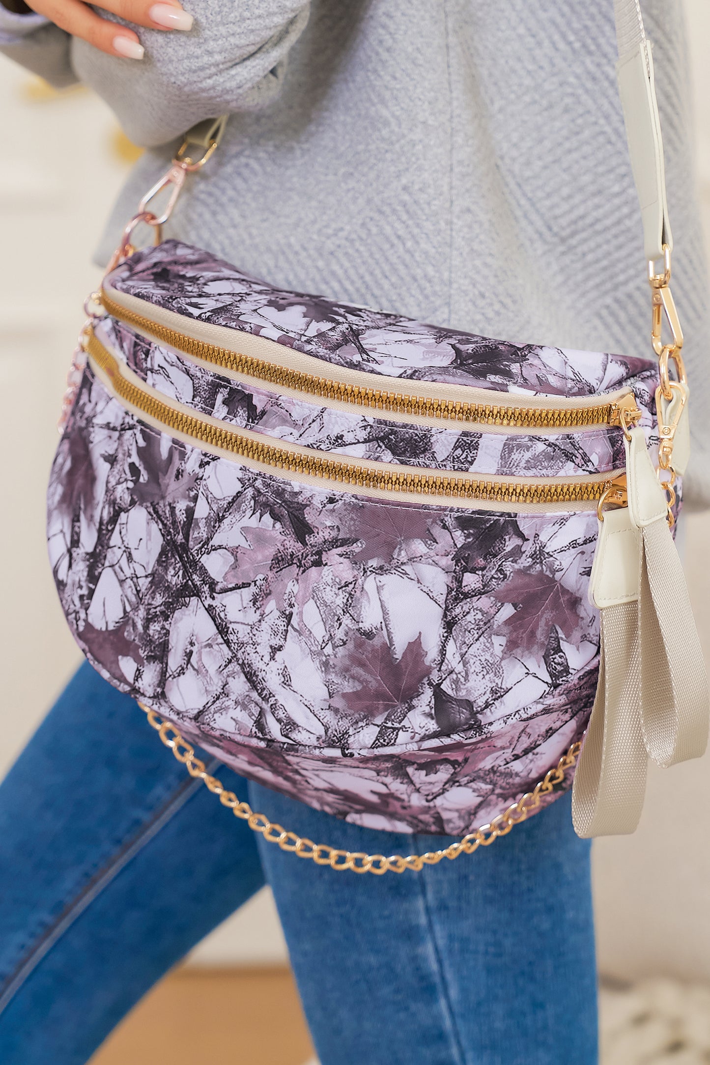 Camel Polka Dot Print Double Zip Fashion Crossbody Bag