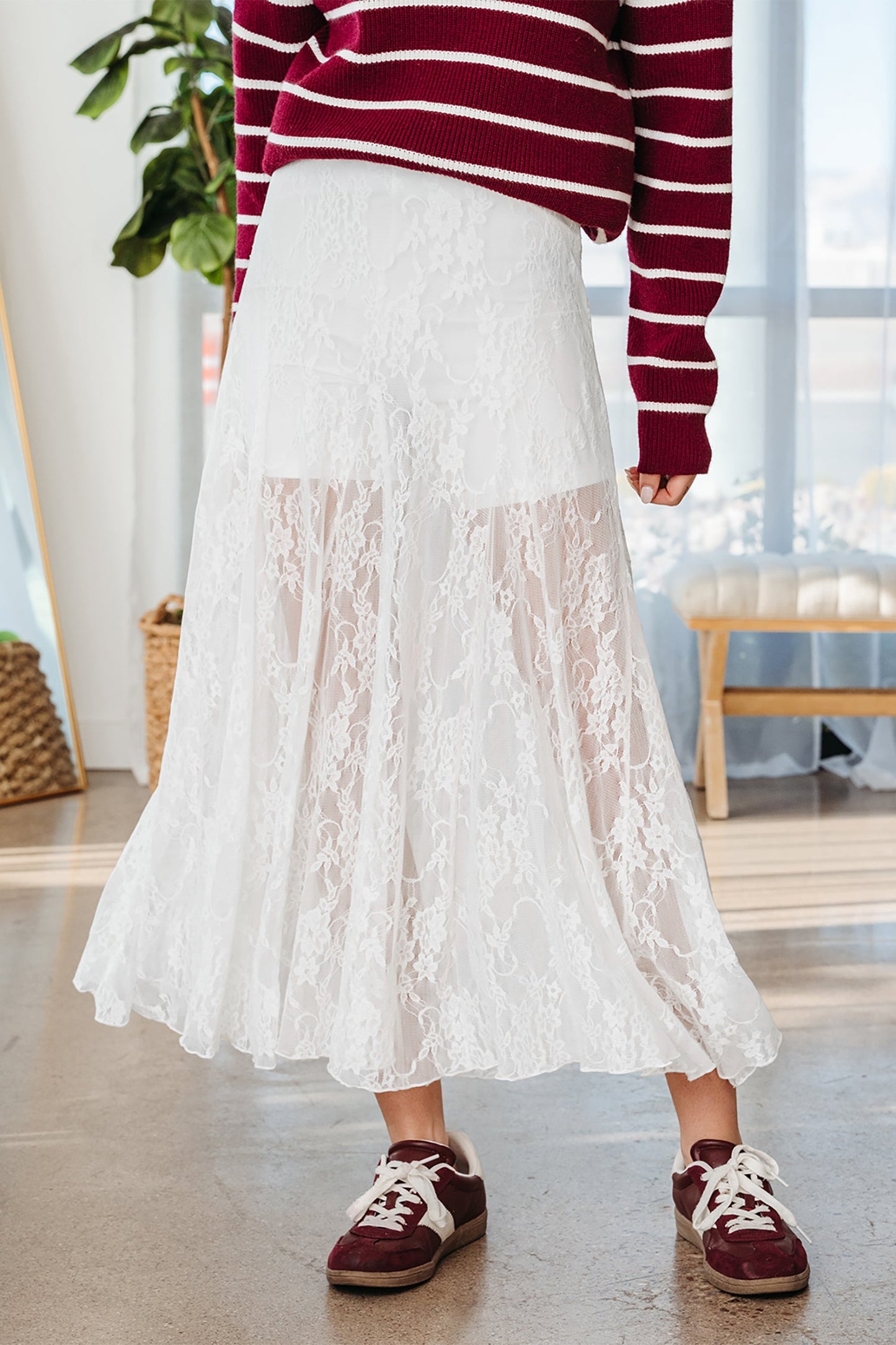 Maliyah Sheer Floral Lace Maxi Skirt | White | Flowy