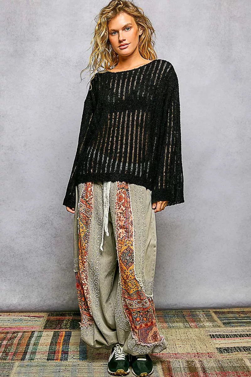 POL Open-Weave Long Sleeve Sweater in Black