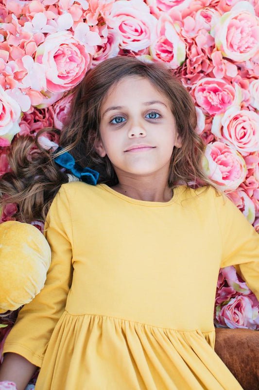 Mustard 3/4 Sleeve Pocket Twirl Dress For Girls
