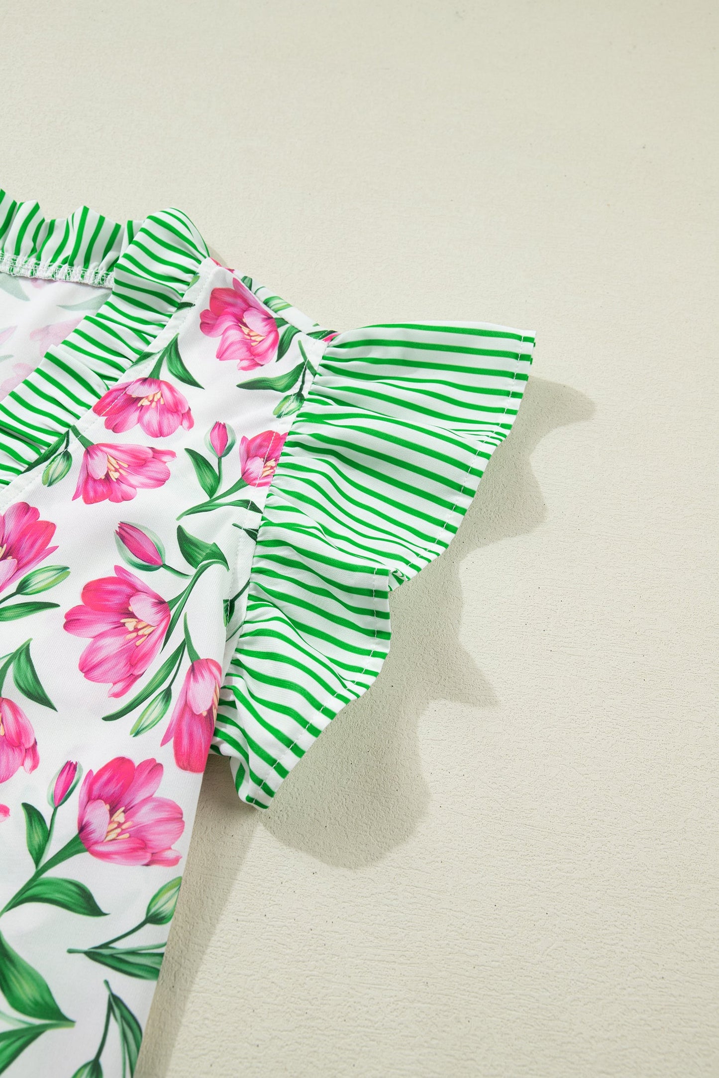 Floral Stripe Ruffle Trim V-Neck Blouse