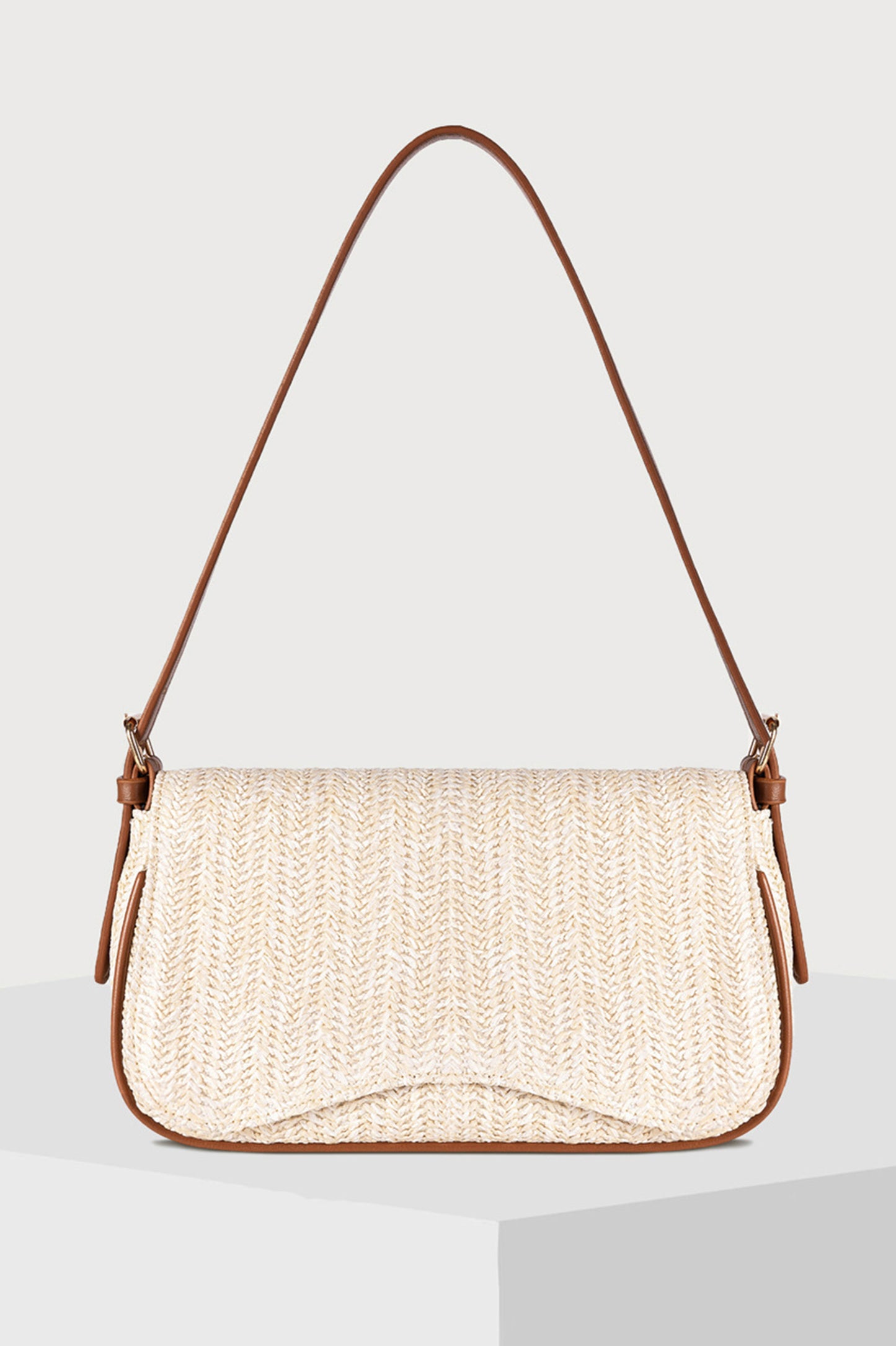 White Raffia Woven PU Leather Trim Shoulder Bag