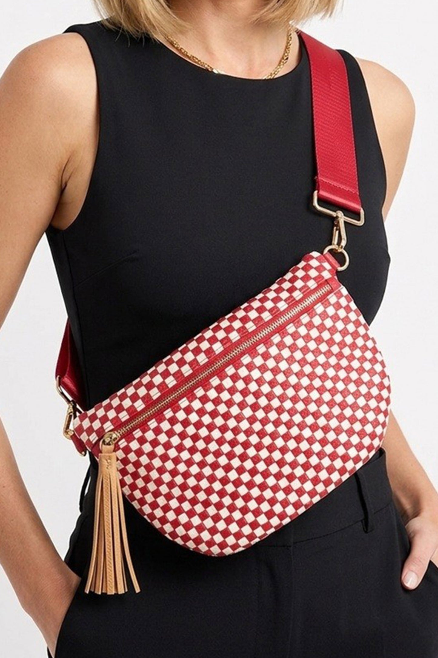 Fiery Red Checkered Woven PU Leather Crossbody Bag Adjustable Strap Large Size