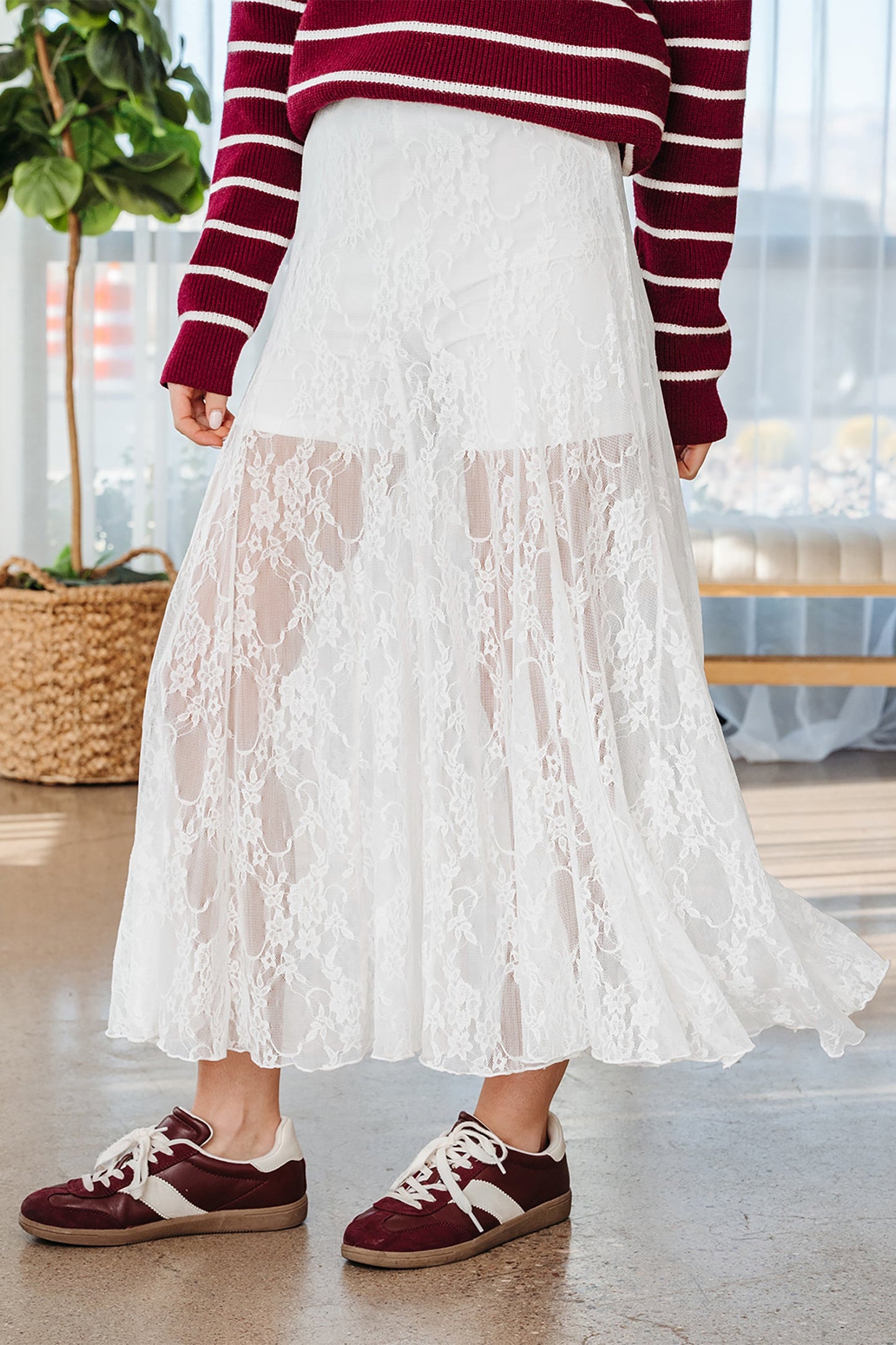 Maliyah Sheer Floral Lace Maxi Skirt | White | Flowy