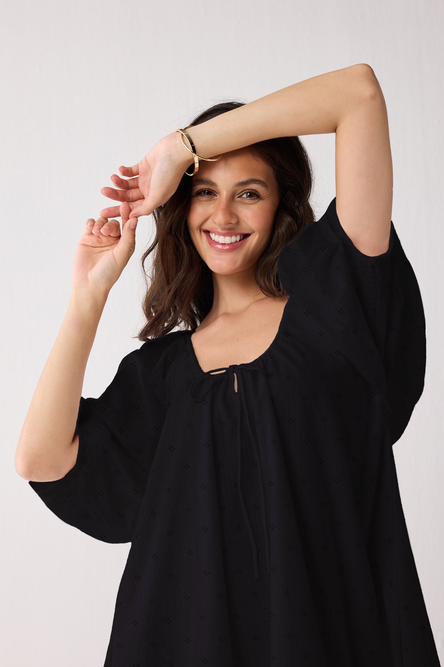 Puff Sleeved Dress with Drawstring Neckline in Black