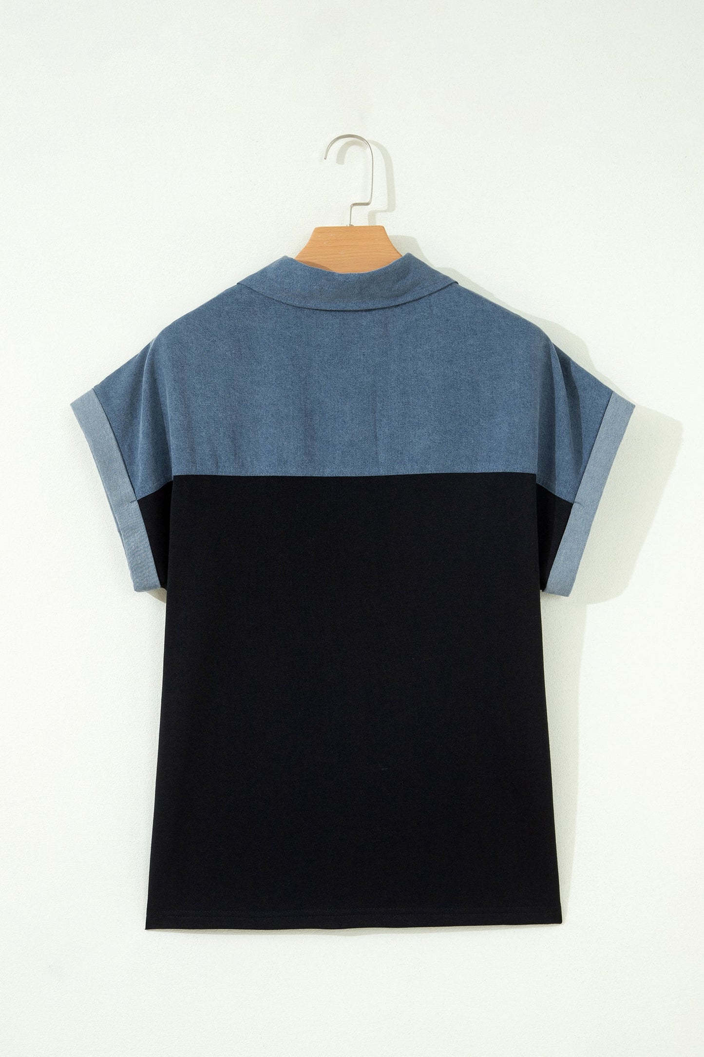 Colorblock Denim Patchwork Polo Collar Top