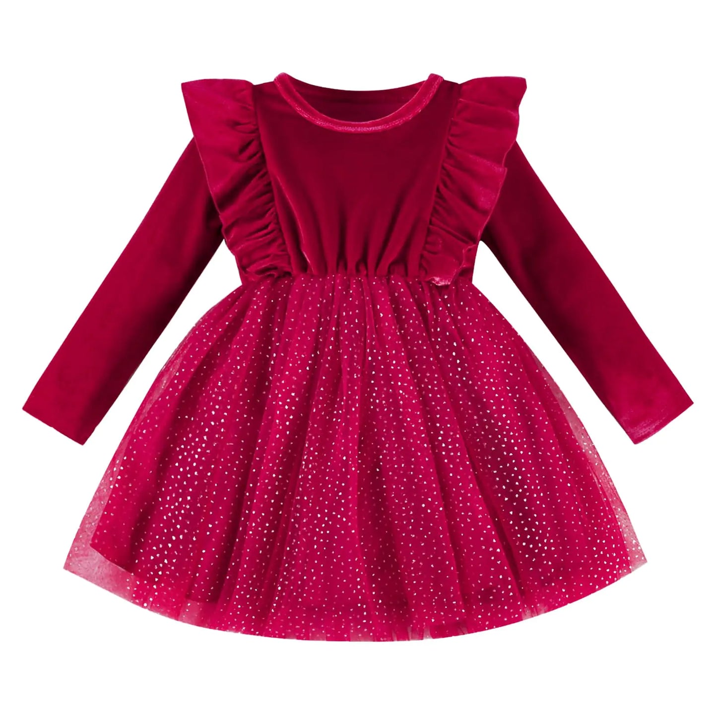 DREAM BUS Toddler Girl Christmas Dress-Baby Girl Long Sleeve Ruffled Velvet Top Tulle Dress