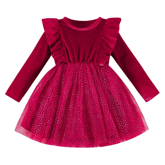DREAM BUS Toddler Girl Christmas Dress-Baby Girl Long Sleeve Ruffled Velvet Top Tulle Dress