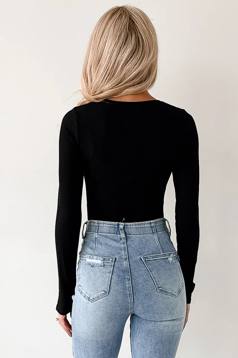 Black Ribbed Long Sleeve Crew Neck Solid Color Bodysuit