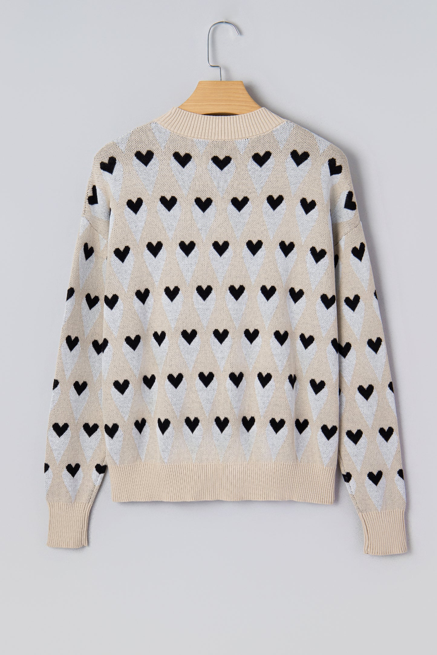 Parchment Geometric Heart Print Ribbed Trim Loose Sweater