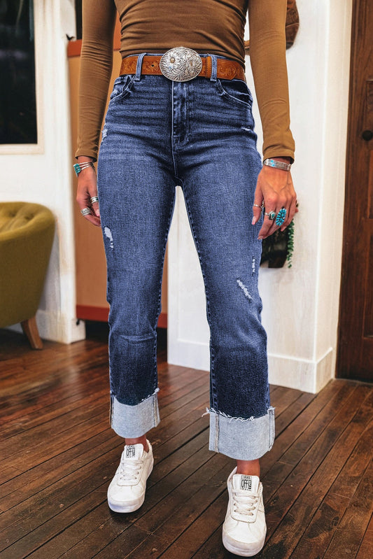 Jacy Cuffs Distressed Straight High Waist Jeans-0
