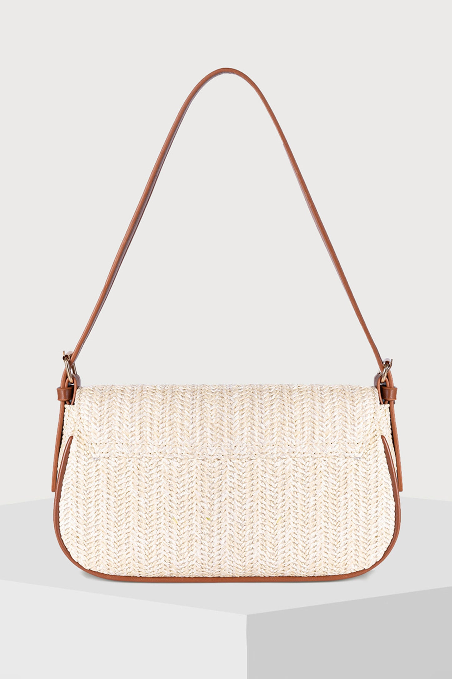 White Raffia Woven PU Leather Trim Shoulder Bag