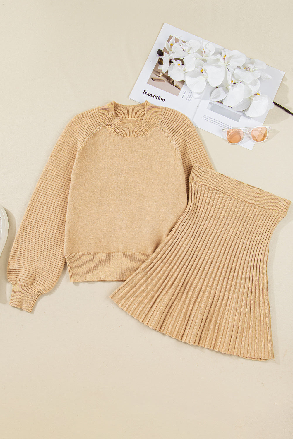 High Neck Puff Sleeve Sweater Pleated Mini Skirt 2pcs Knitted Outfit
