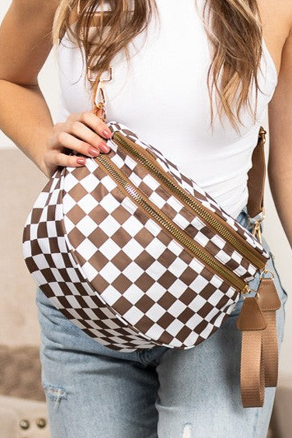 Dark Grey Checkered Print Wide Strap Large Crossbody Bag
