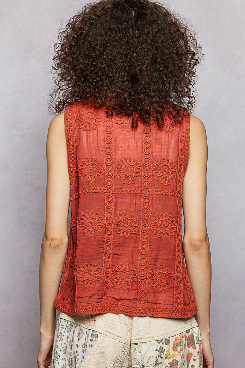 POL Crochet Button-Down V-Neck Vest in Ginger