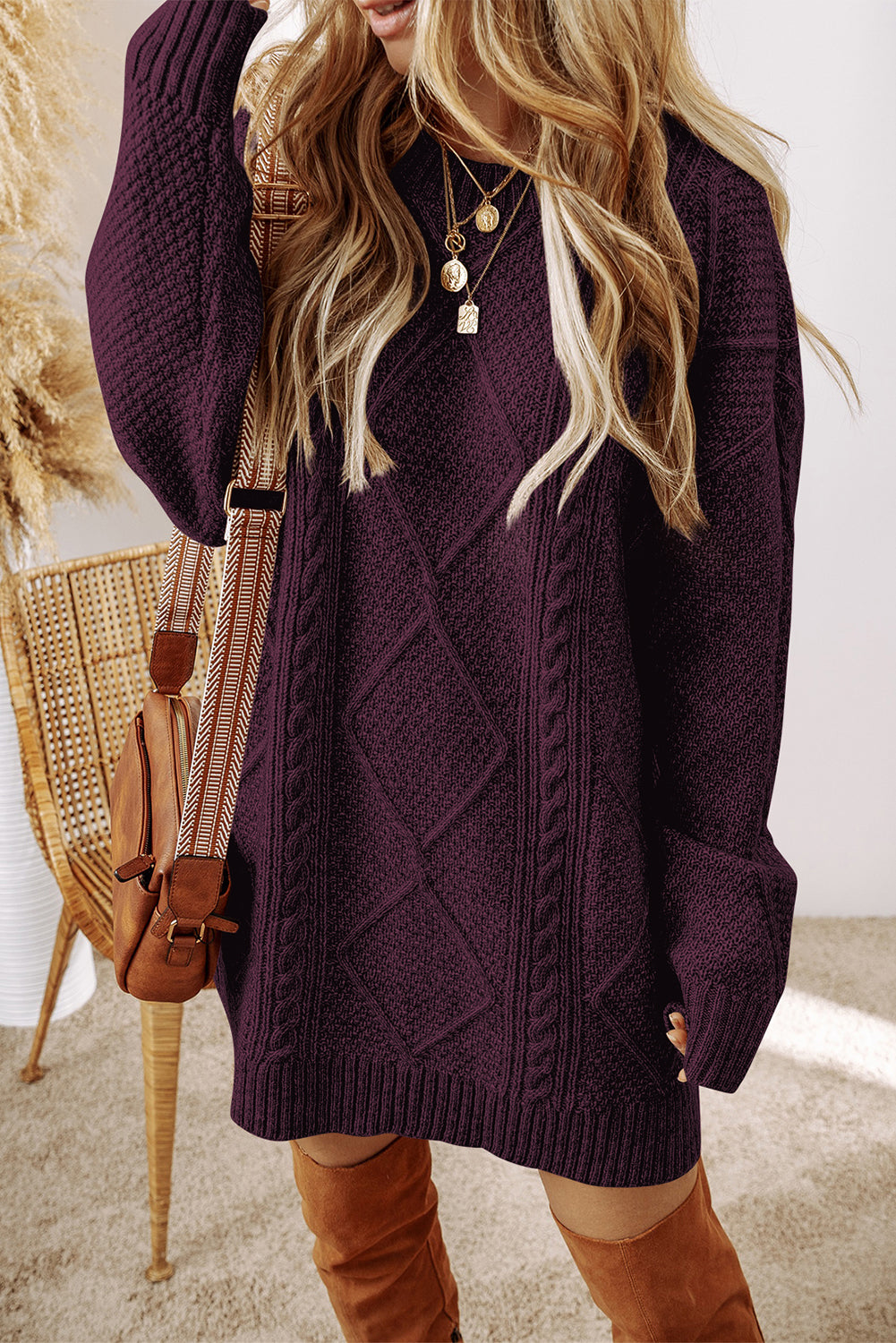 Coffee Cable Knit Drop Shoulder Loose Fit Sweater Dress