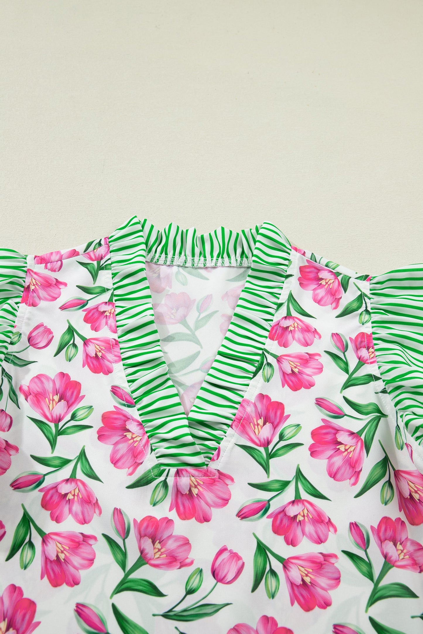 Floral Stripe Ruffle Trim V-Neck Blouse