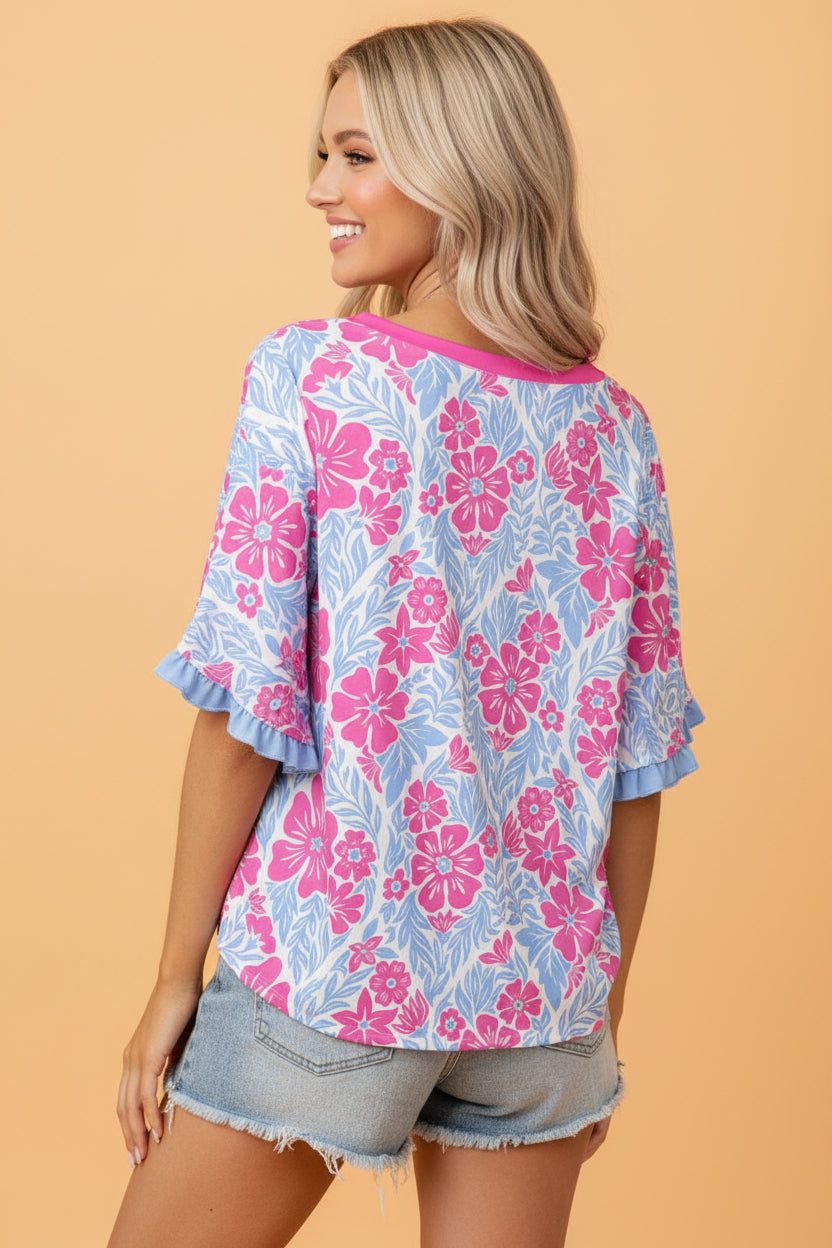 Floral Colorblock Trim Ruffle 3/4 Sleeve Blouse