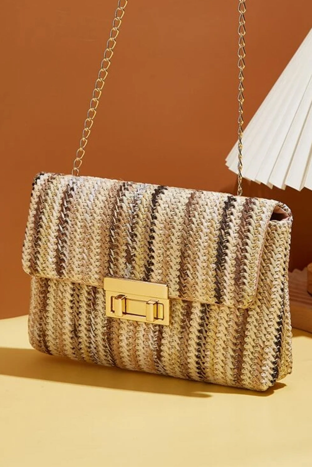Multicolour Straw Plaited Gold Chain Clasp Closure Single Shoulder Bag