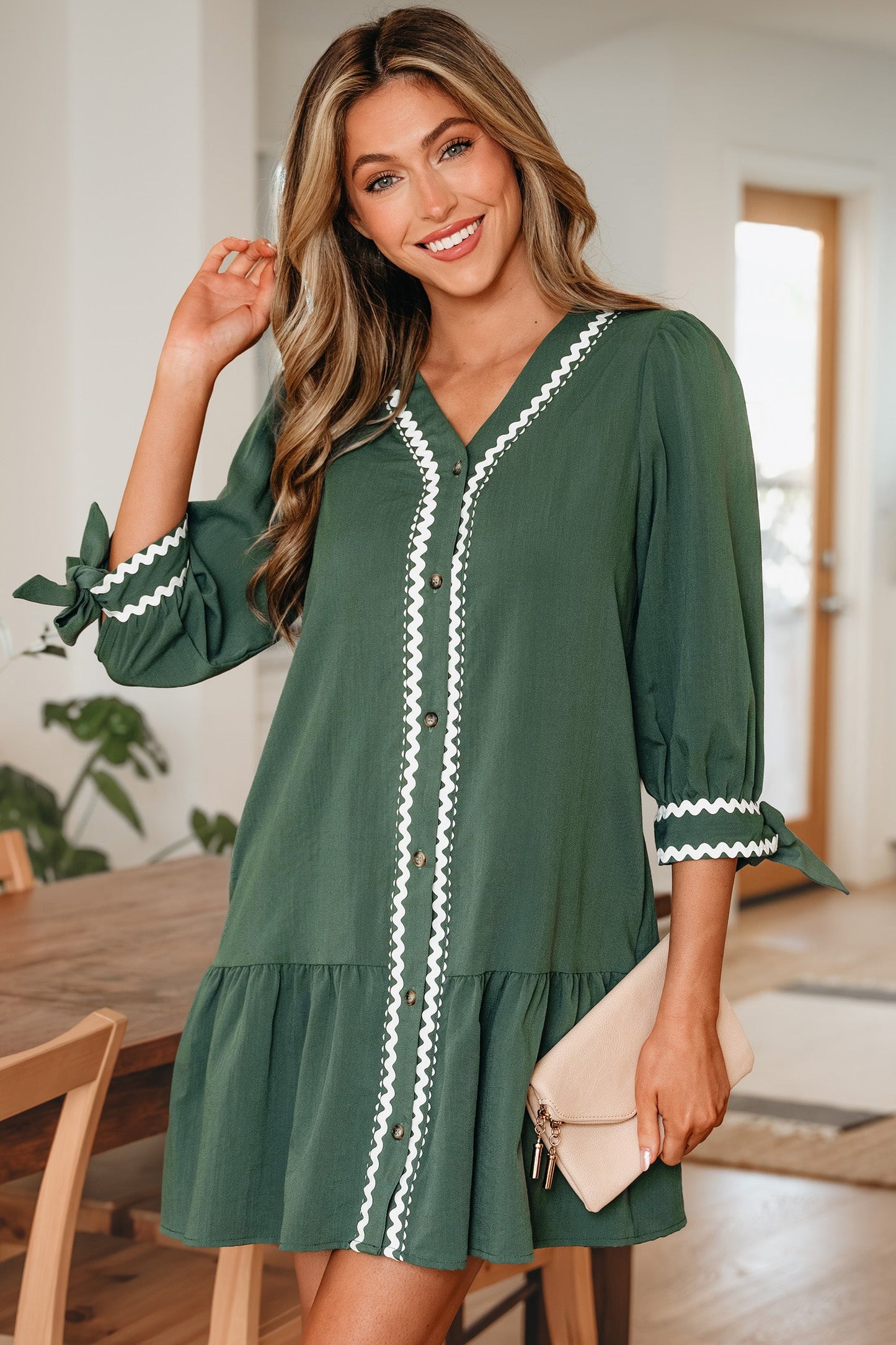 Xyla Bracelet Sleeve Shift Dress | Ricrac Trim | Green