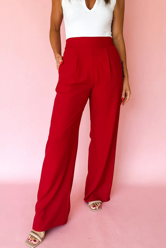 Fiery Red Pleated Detail Pull On Pants