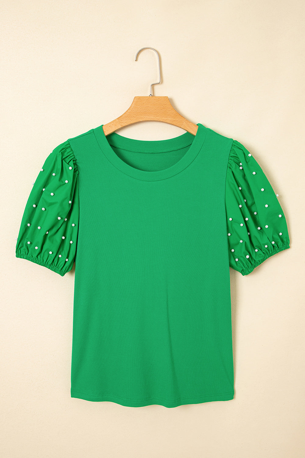 Pearl Beaded Puff Sleeve Ribbed Knit Top
