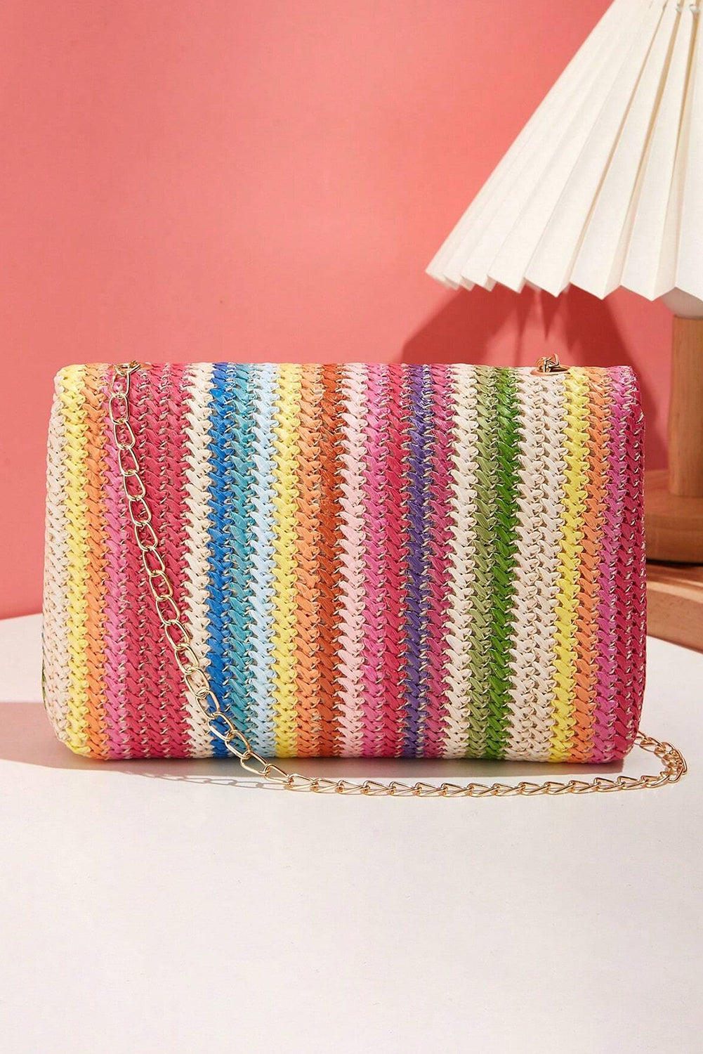Multicolour Straw Plaited Gold Chain Clasp Closure Single Shoulder Bag