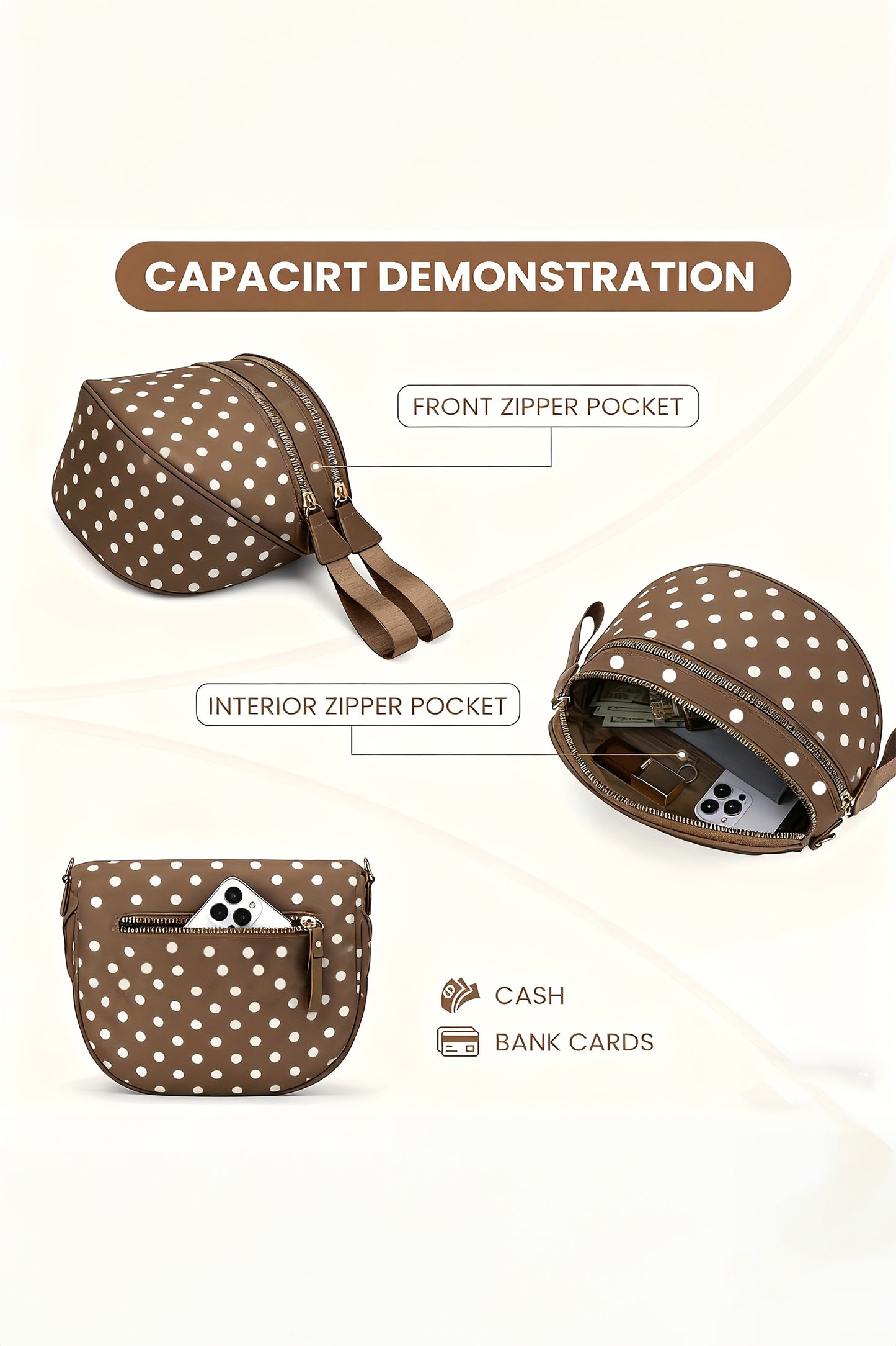 Camel Polka Dot Print Double Zip Fashion Crossbody Bag