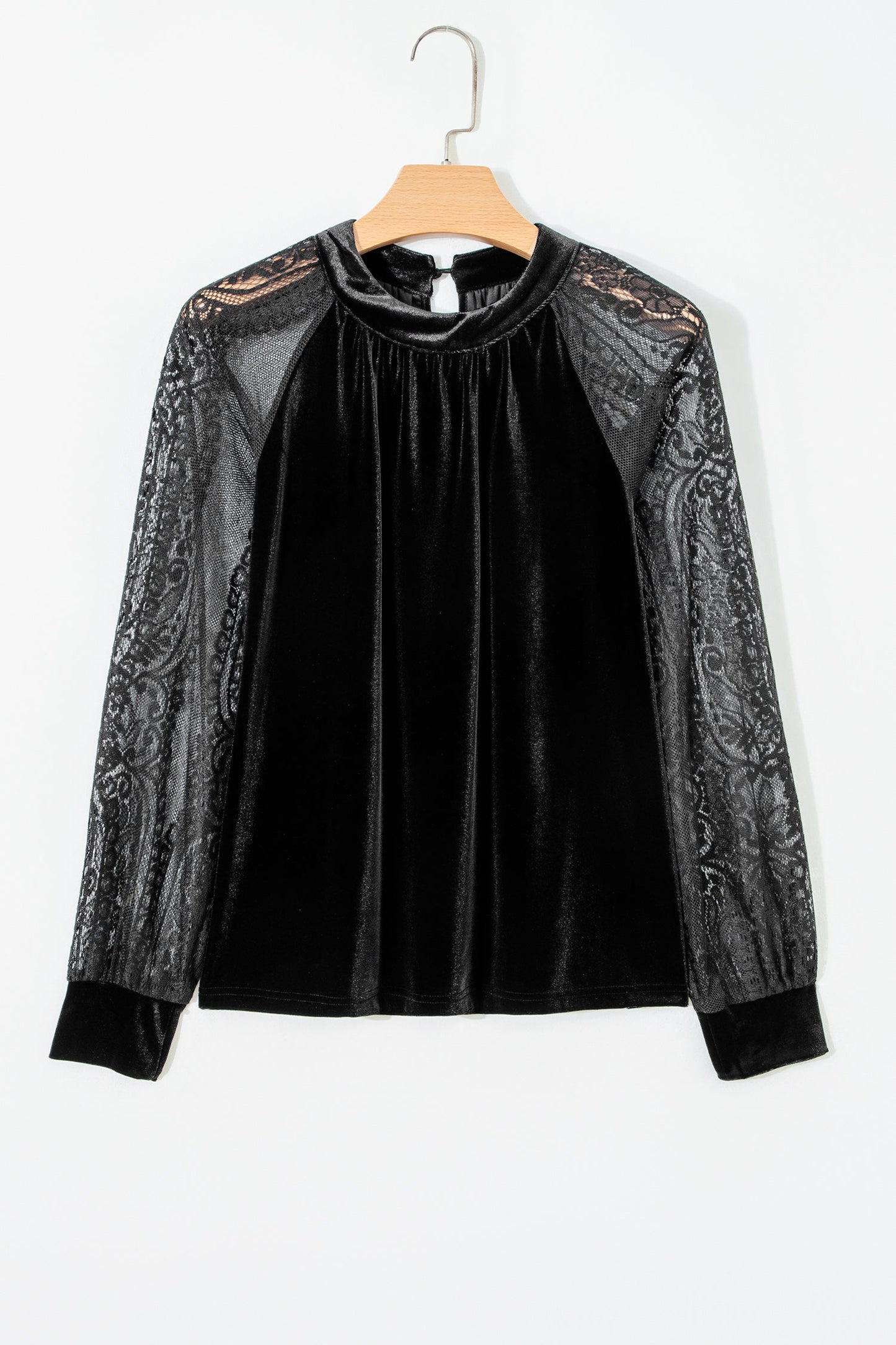 Solid Velvet Patchwork Sheer Lace Long Sleeve Blouse