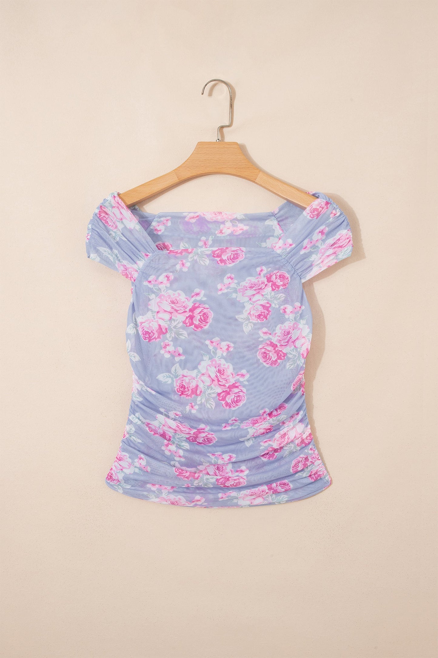 Floral Mesh Square Neck Cap Sleeve Ruched Top
