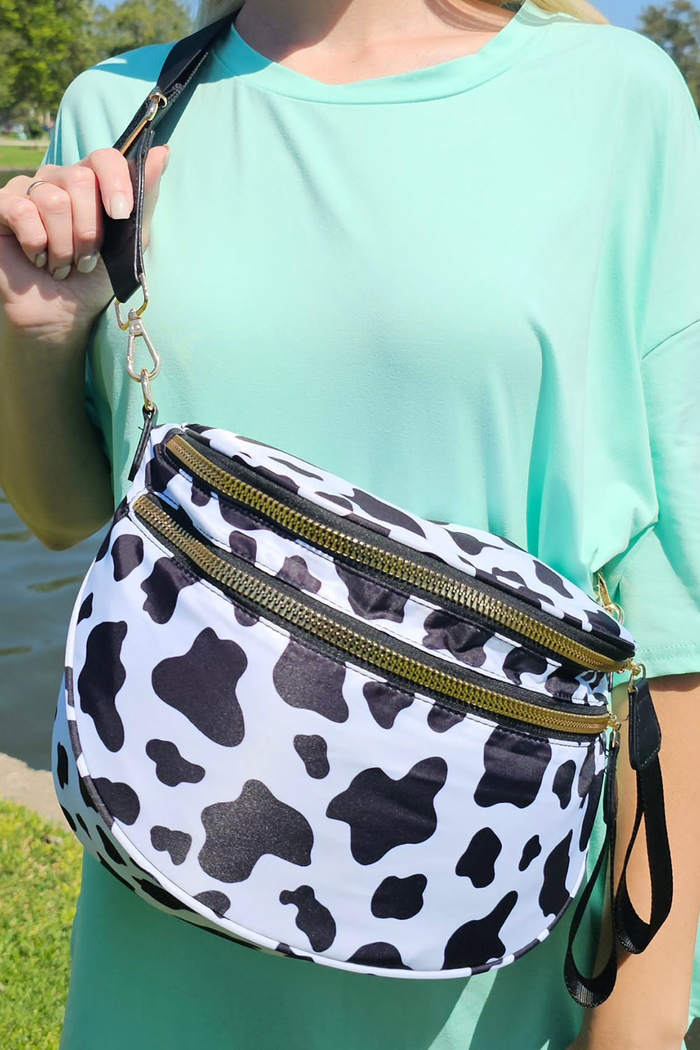 Dark Grey Checkered Print Wide Strap Large Crossbody Bag