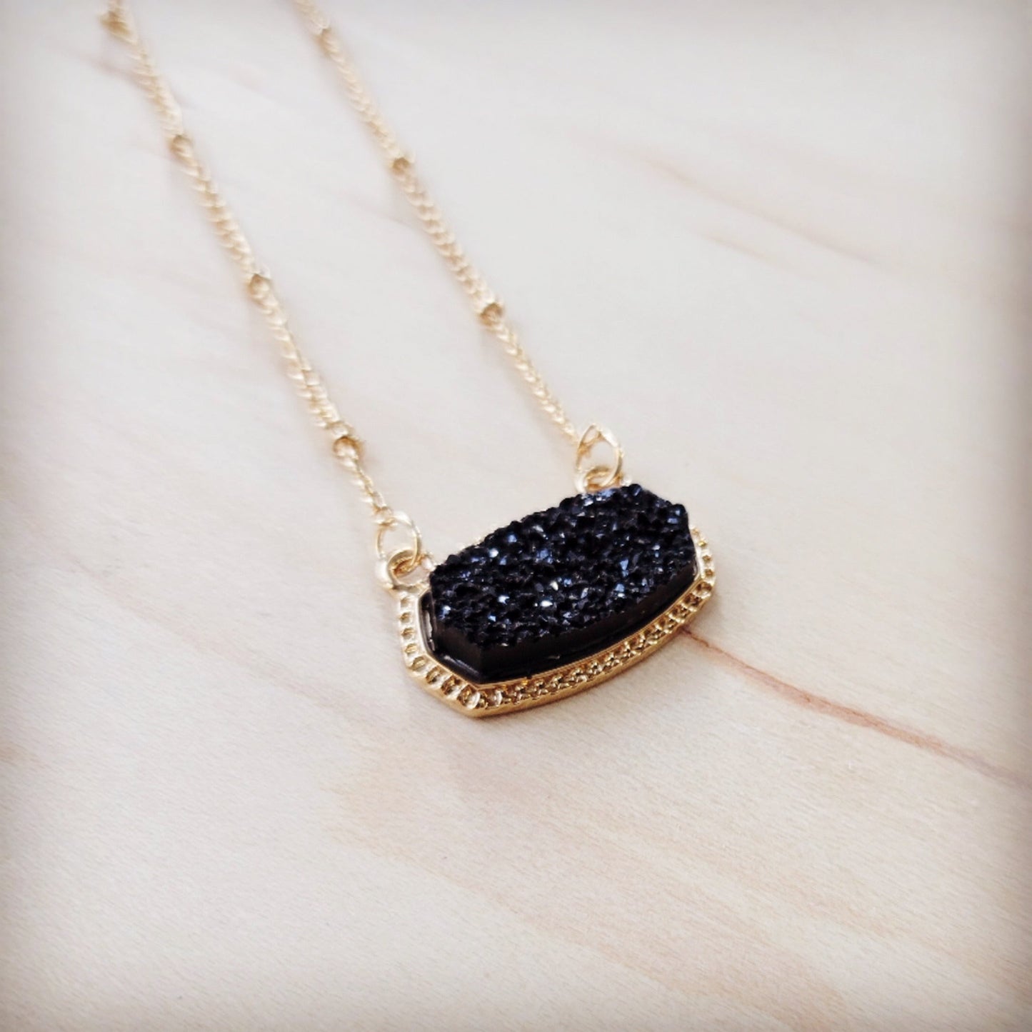 Knotted Gold Chain Necklace with Black Stone Pendant