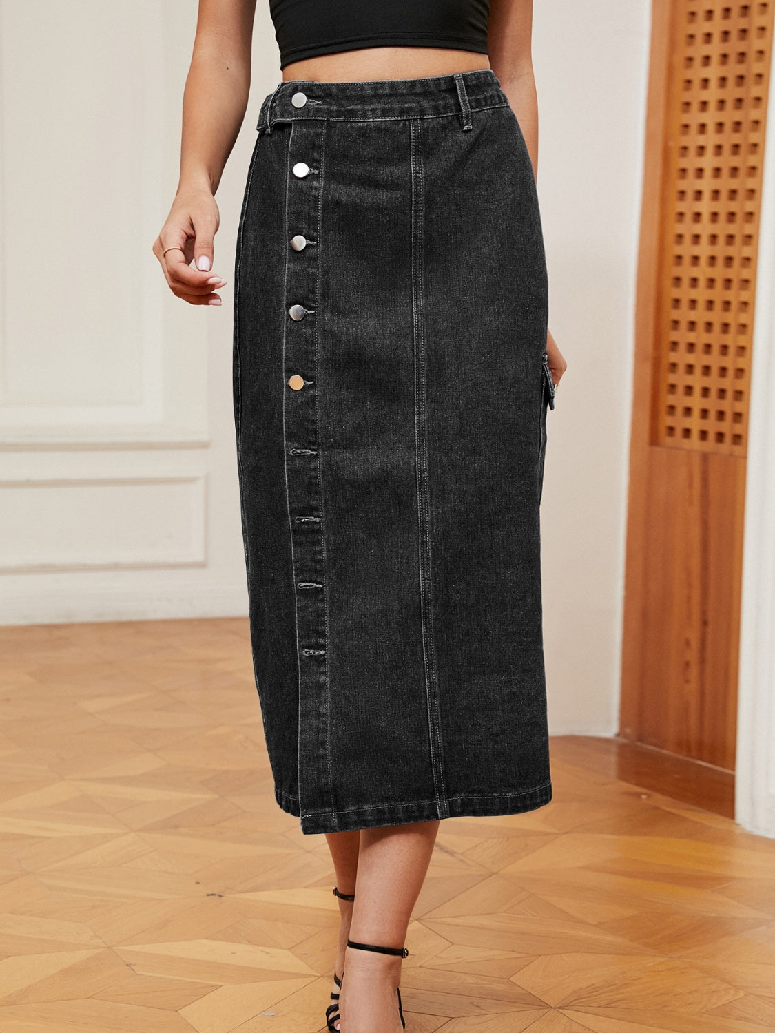 Button Down Midi Denim Skirt - Classic A-Line Denim