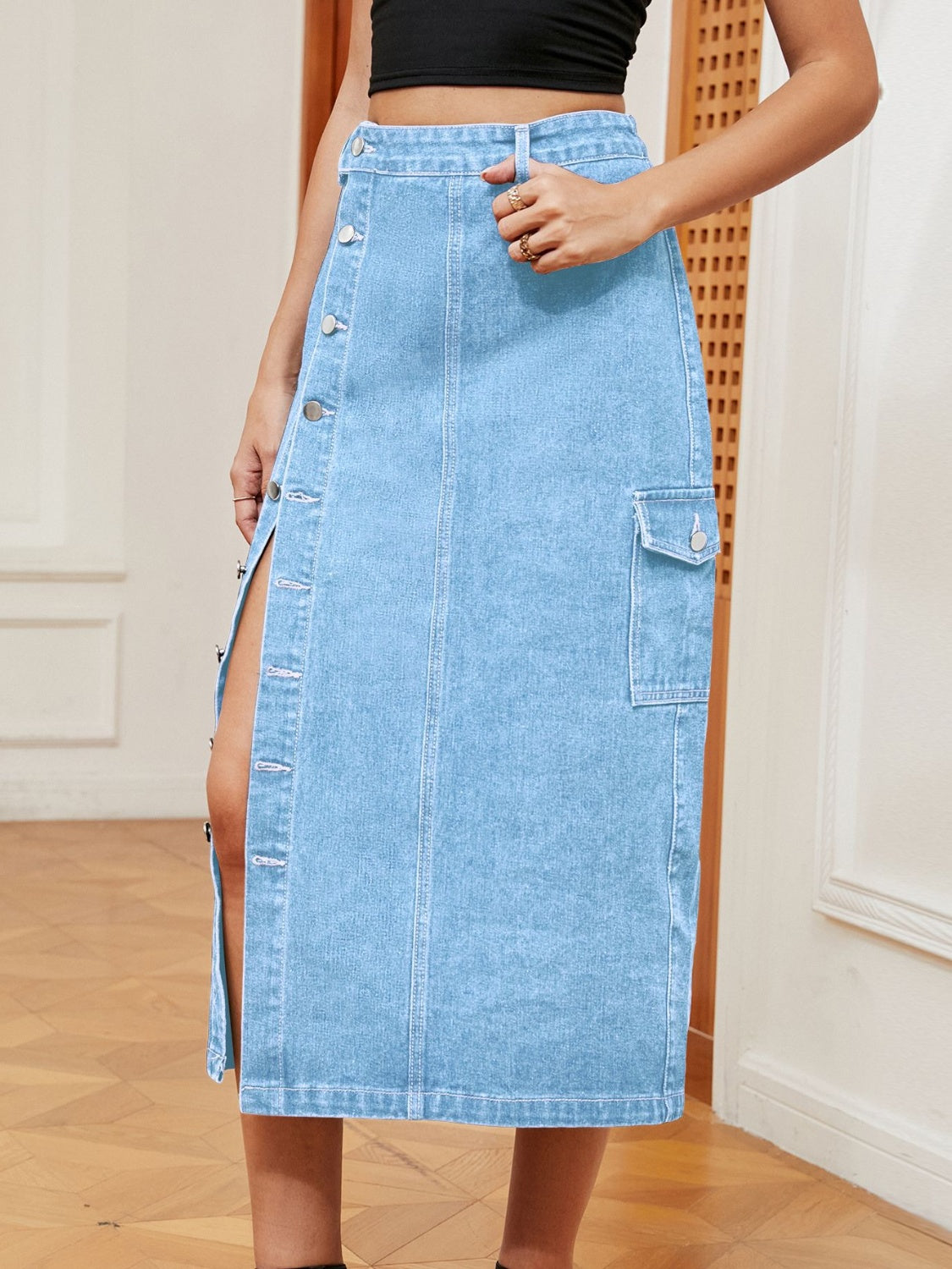 Button Down Midi Denim Skirt - Classic A-Line Denim