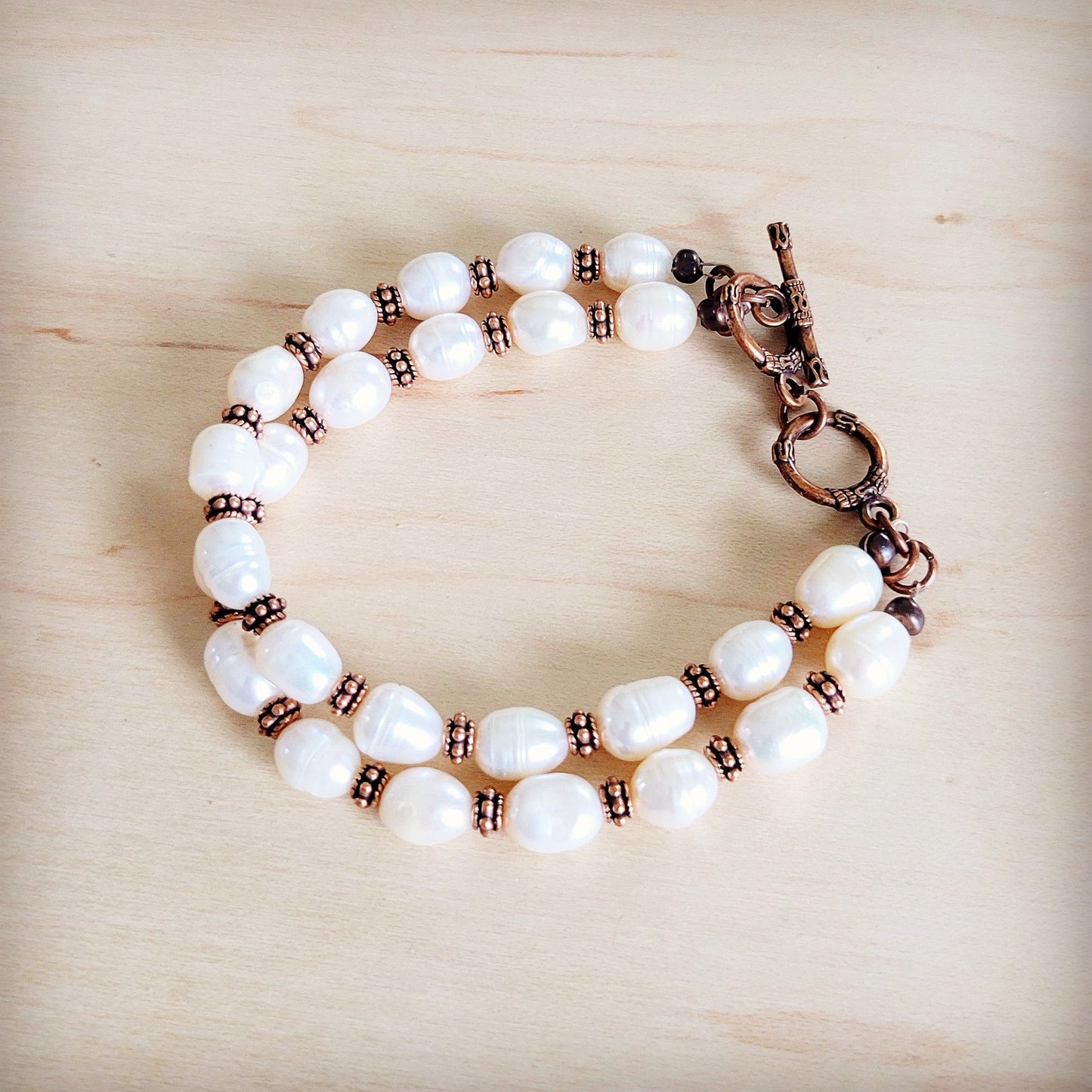 Freshwater Pearl & Copper Boho Double Strand Bracelet