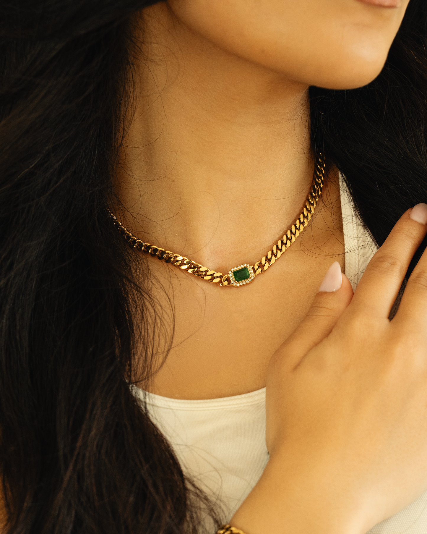 Nadine Emerald-Cut Gemstone Cuban Link Choker