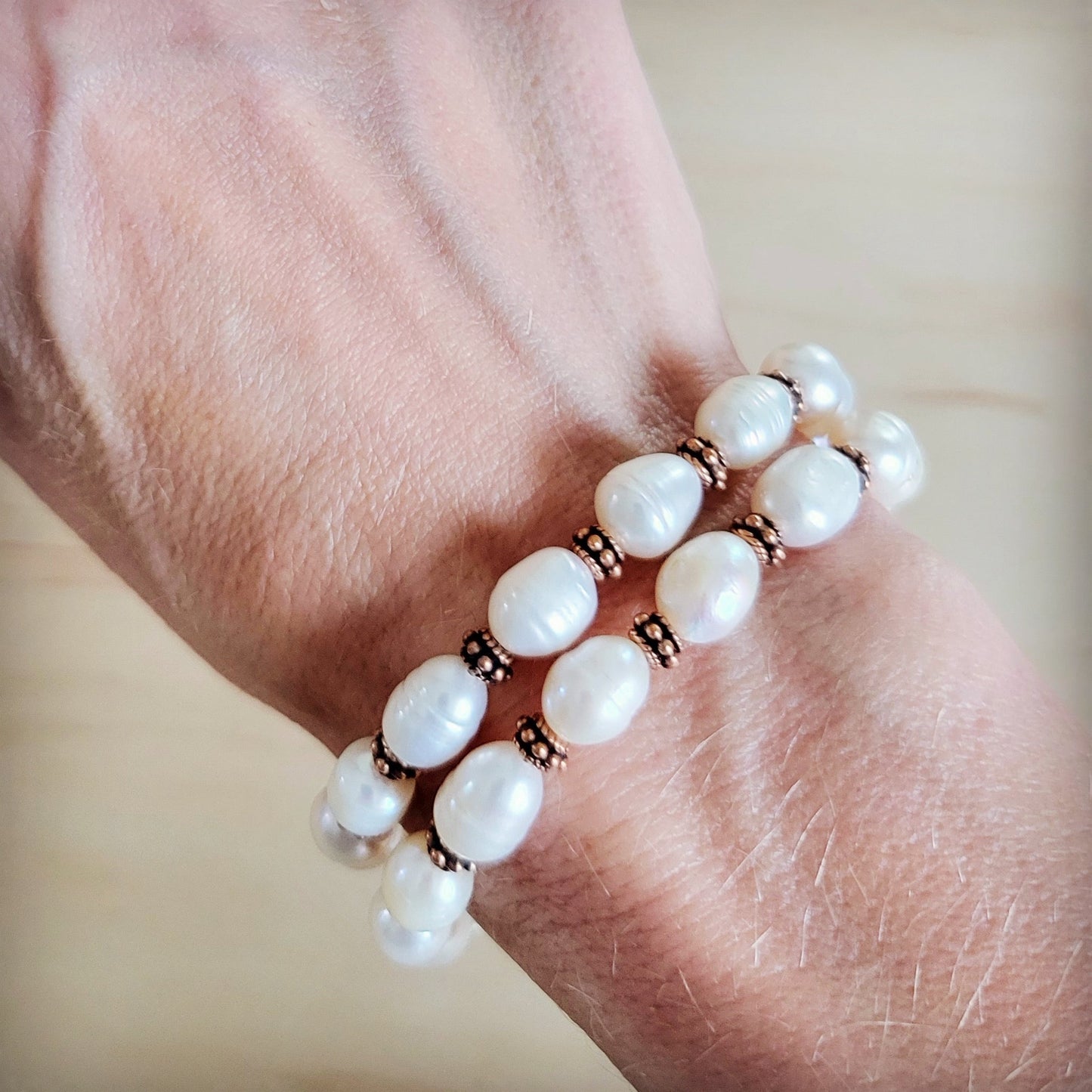 Freshwater Pearl & Copper Boho Double Strand Bracelet