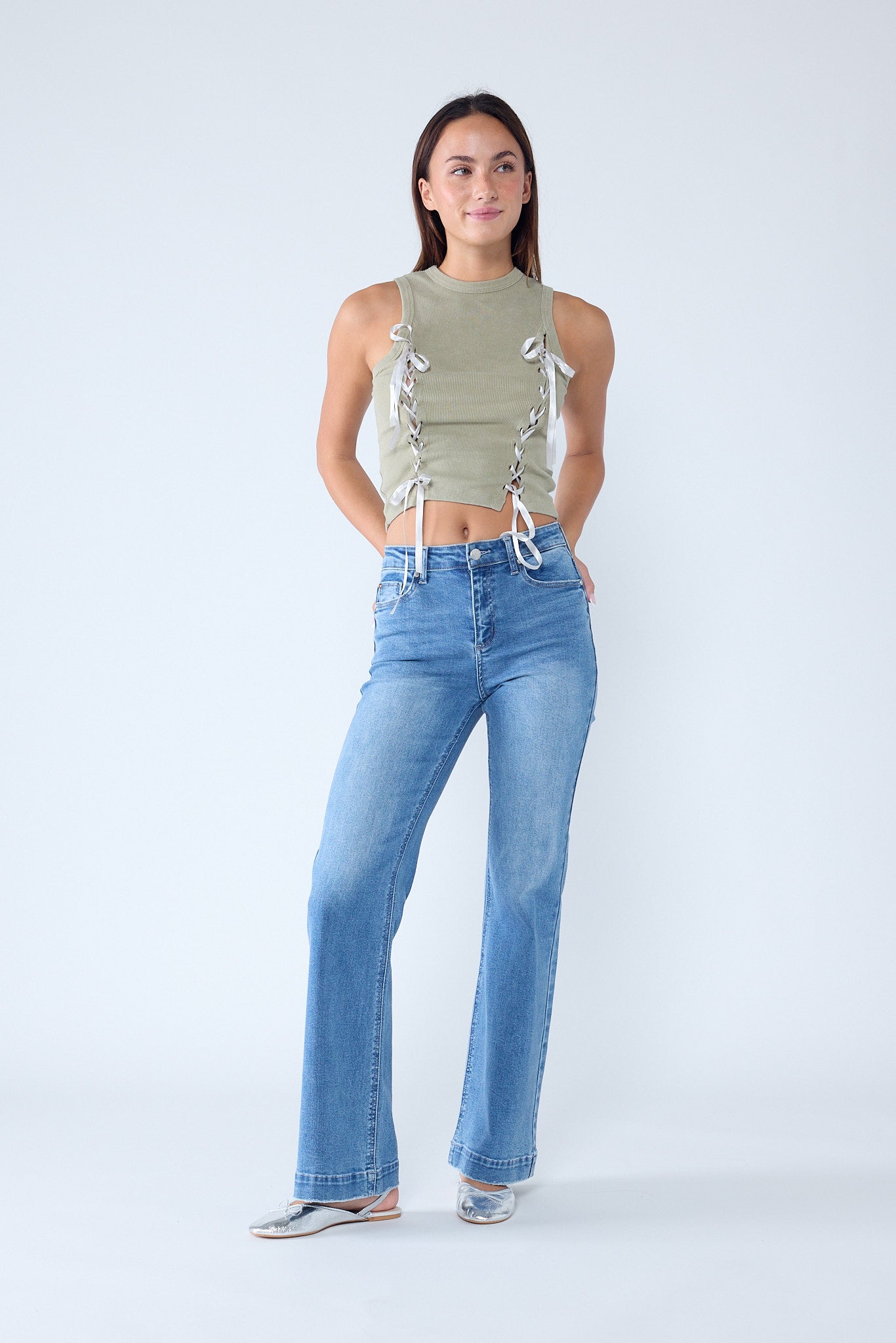 High Rise Destructed Wide Leg Jeans