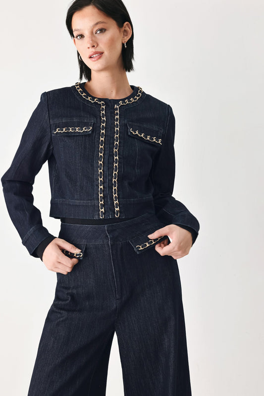 AFTER HOURS INDIGO CHAIN-TRIM DENIM JACKET