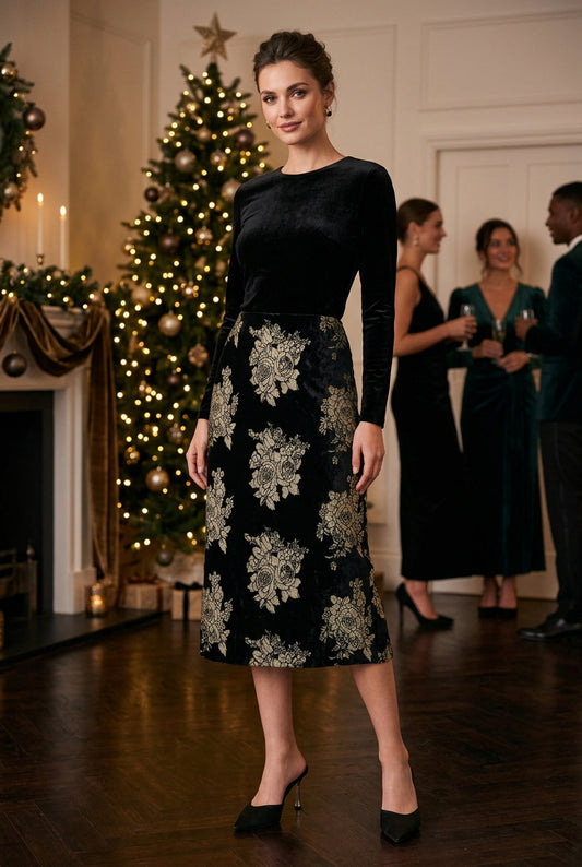GILDED VELVET BLACK/GOLD JACQUARD MIDI SKIRT