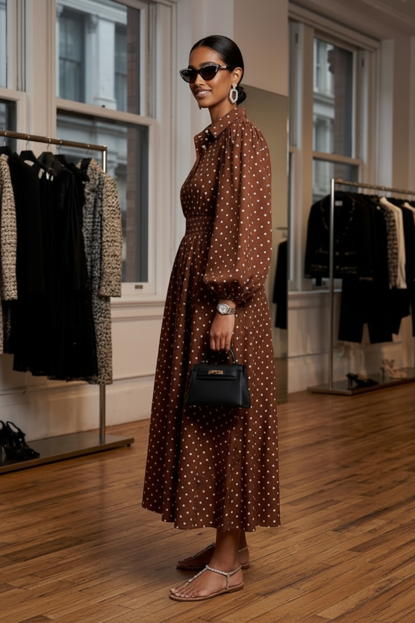 Gemini ha dicho Brown Polka Dot Shirt Dress TRIBECA New Collection FASHION BYMANYC ® New York