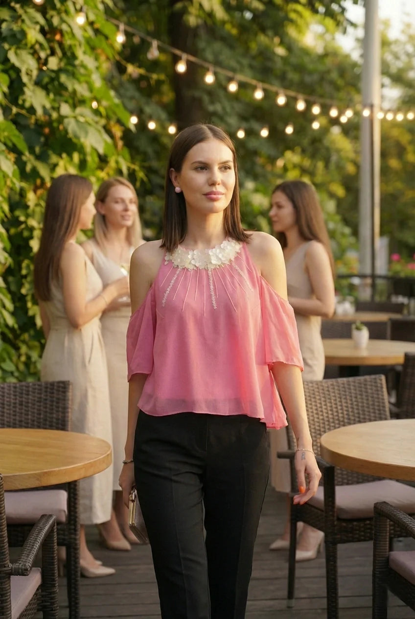 Pink Halter Top with Sequin Embroidery