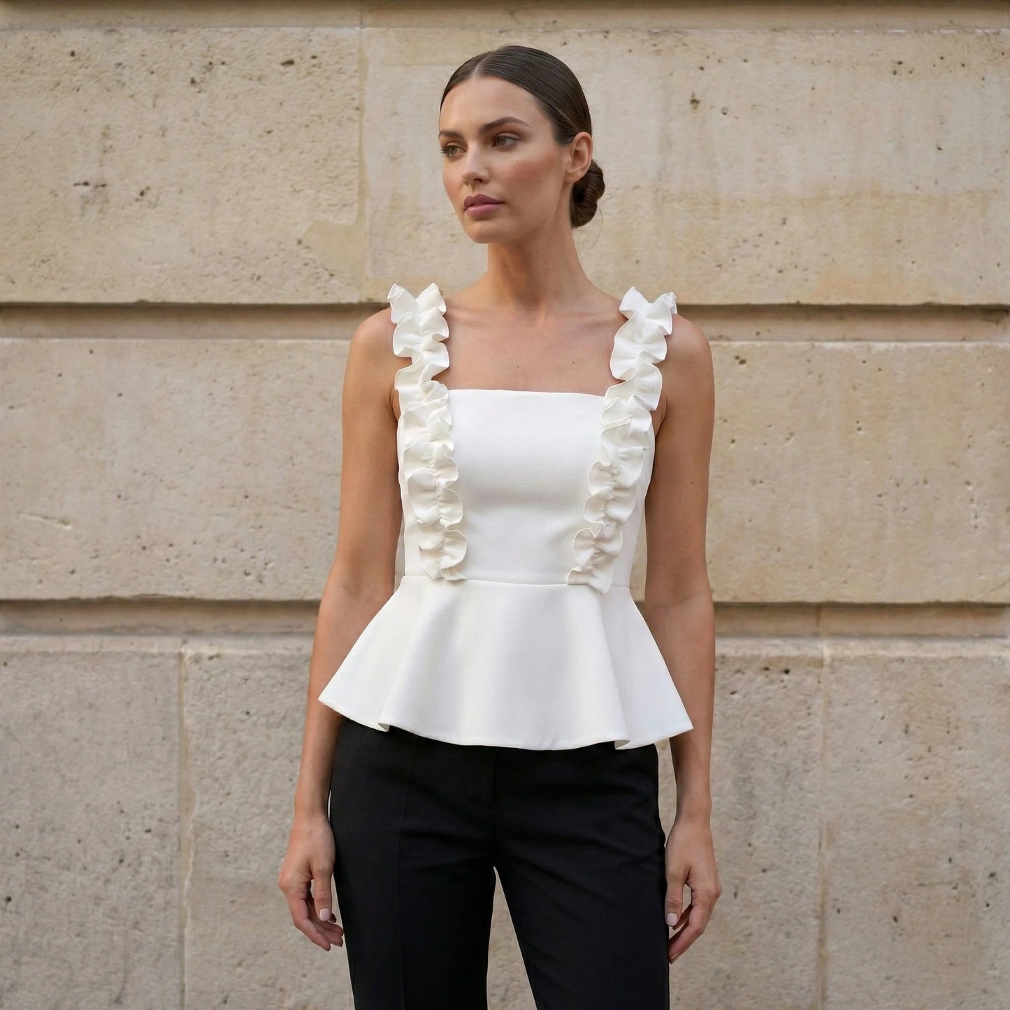 White Peplum Top with Ruffle Straps