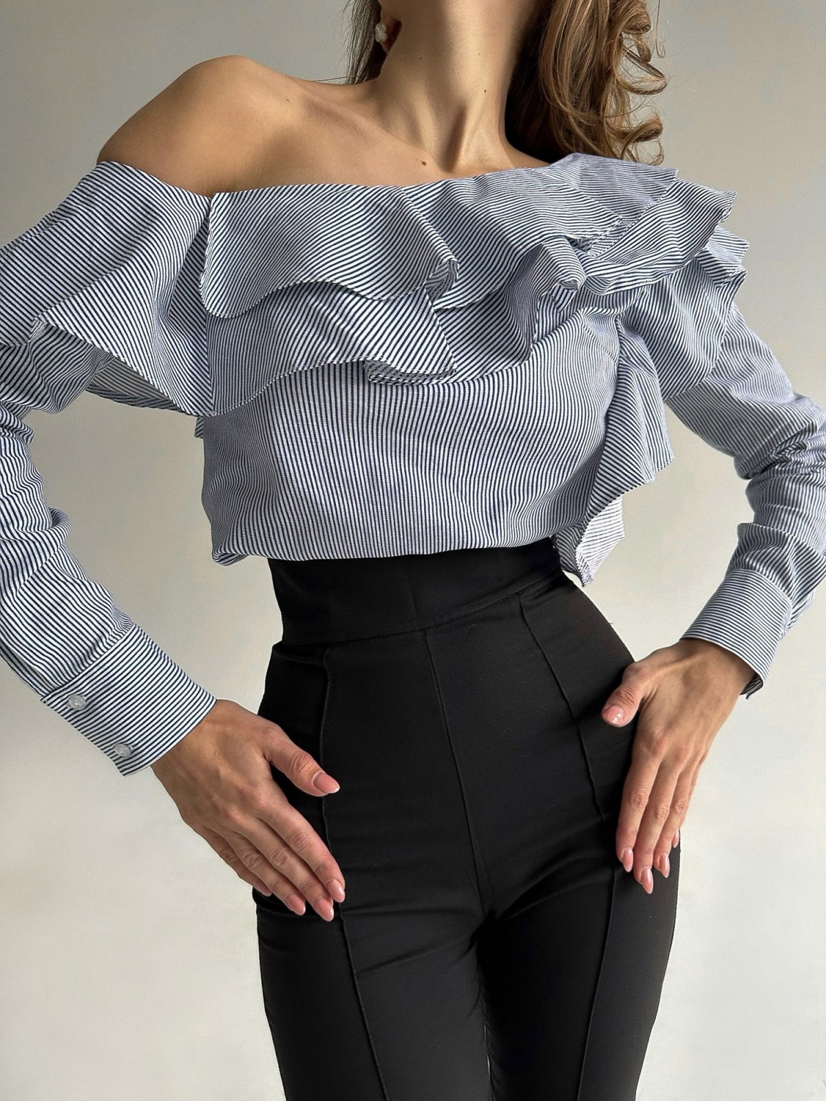 One-Shoulder Ruffle Blouse | Blue & White Stripe Asymmetric Top