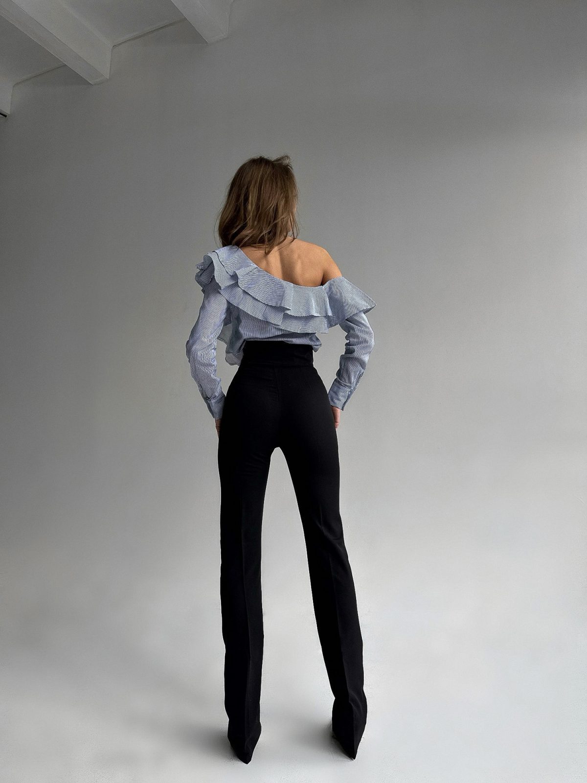 One-Shoulder Ruffle Blouse | Blue & White Stripe Asymmetric Top