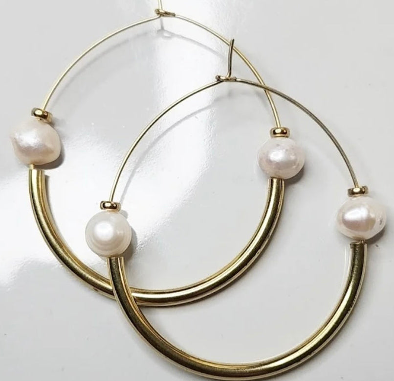 Pearl and Brass Bead Hoop Earrings