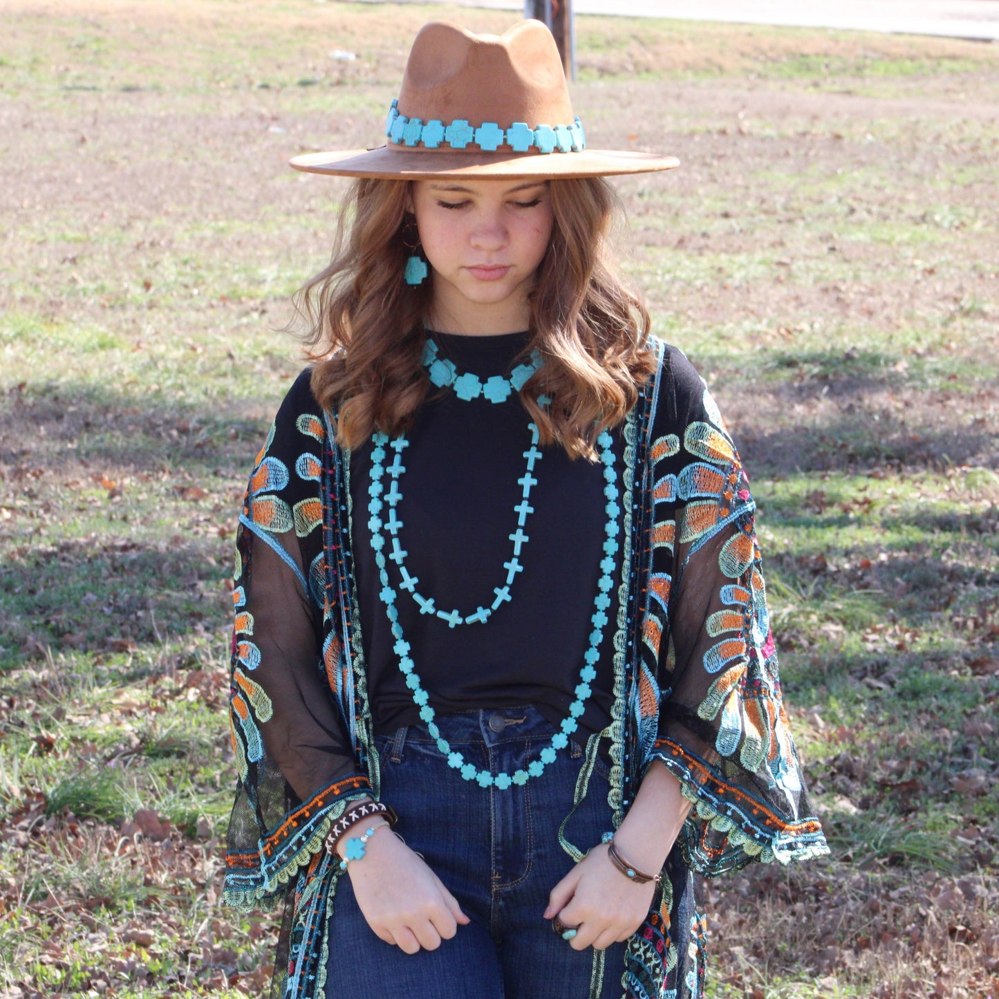 Long Turquoise Howlite Beaded Cross Necklace
