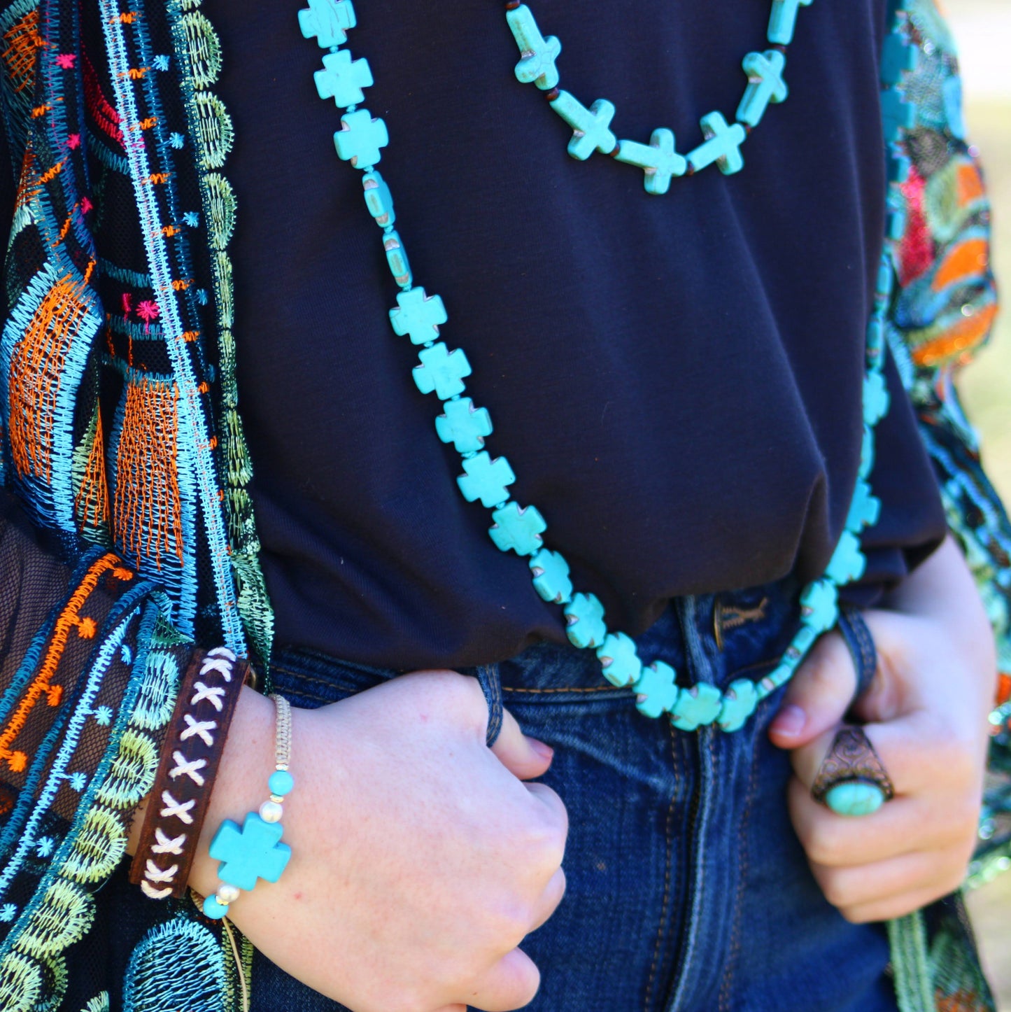 Long Turquoise Howlite Beaded Cross Necklace